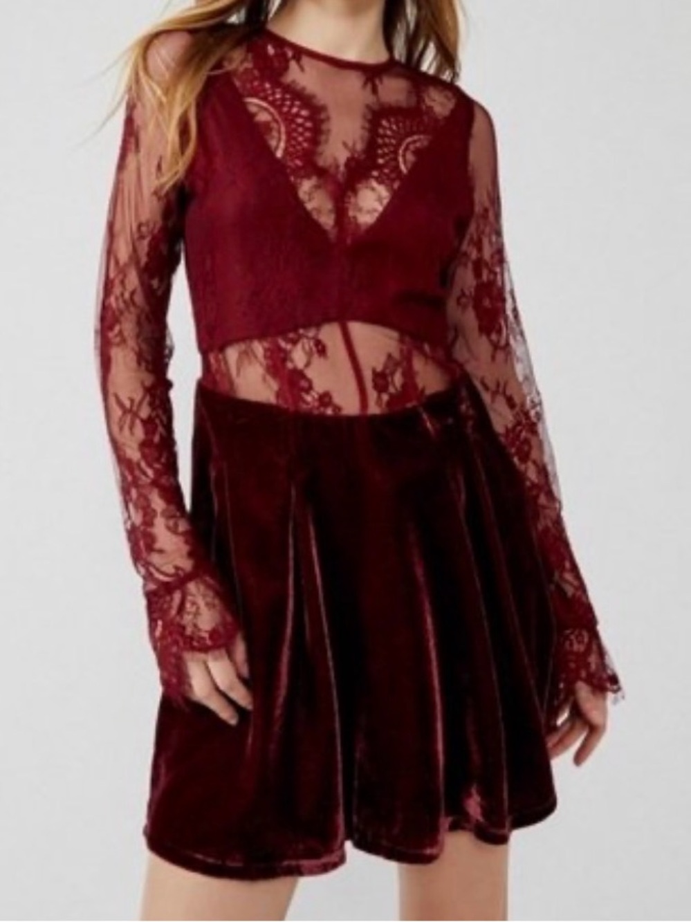 Free People Lace Velvet Skater Dress - Burgundy - Picture 2 of 10
